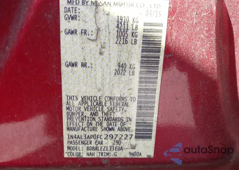 2015 Nissan Altima 2.5/2.5 S/2.5 Sl/2.5 Sv из США, поврежденный, VIN 1N4AL3AP0FC297227